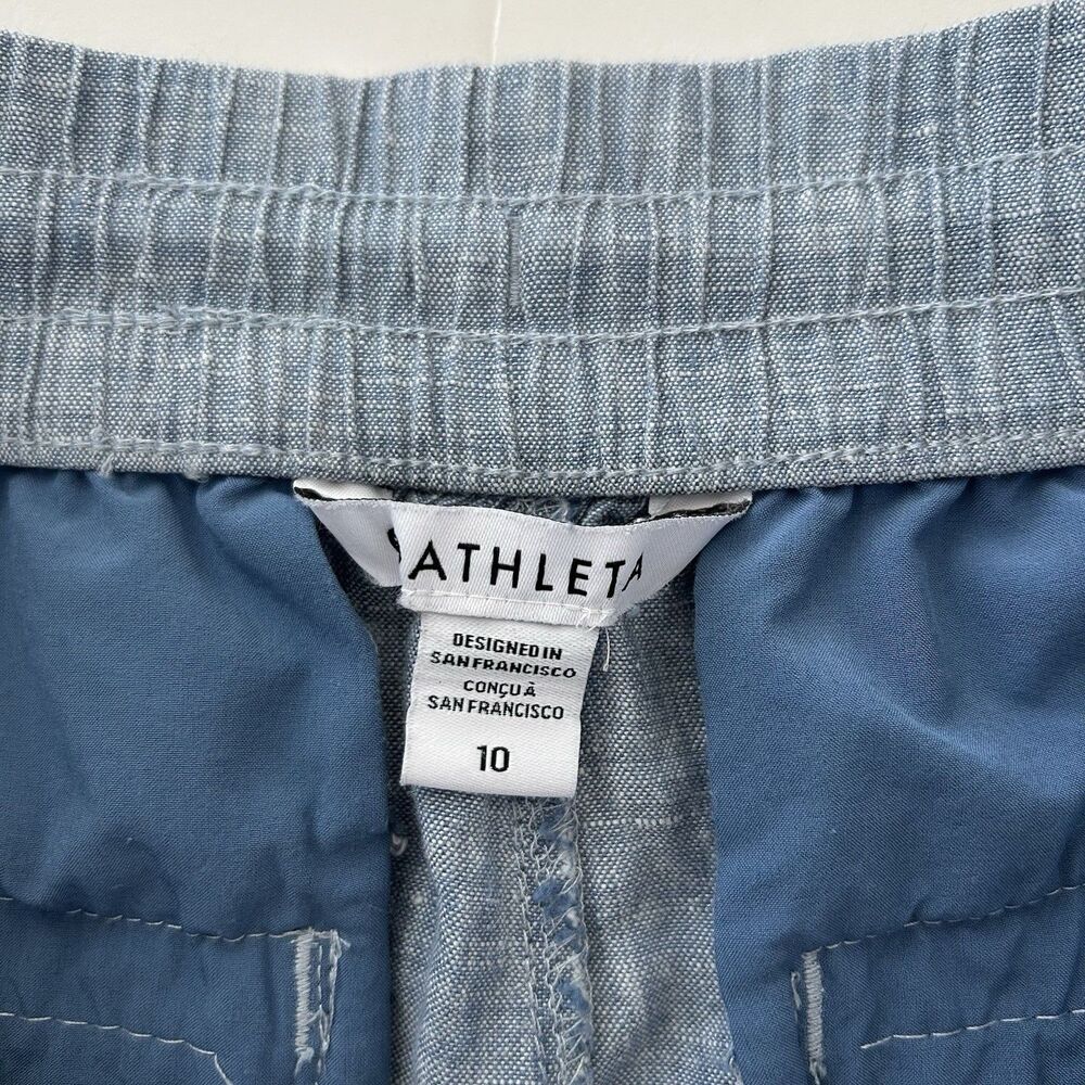 Athleta Retreat Blue Chambray Linen Jogger Pants Zip Pockets Size 10 Pull On - Picture 3 of 11